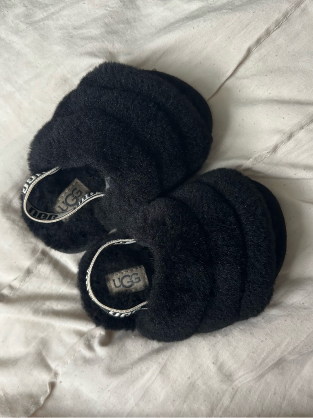 UGG Black Fuzzy Shearling Slide with Branded Elastic Strap - Picture 3 of 6